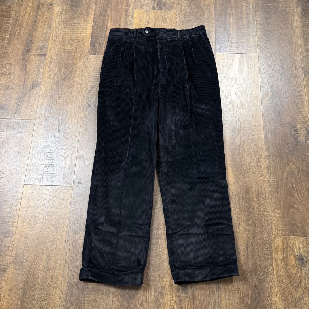 Vintage 80s Excel Black Corduroy Pants Mens Pleated Wide Leg Cuffed Made in USA